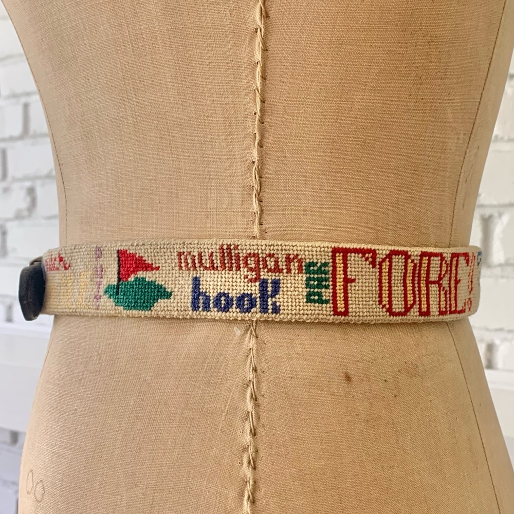 Vintage Needlepoint Embroidered Golf Motif Themed Belt 26/27/28/29/30 Inches - Picture 11 of 14